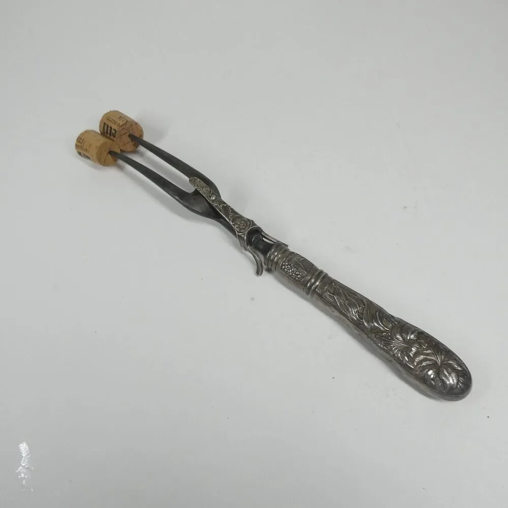 Meat Roast Carving Fork Repousse Floral Handle Vintage Silverplate